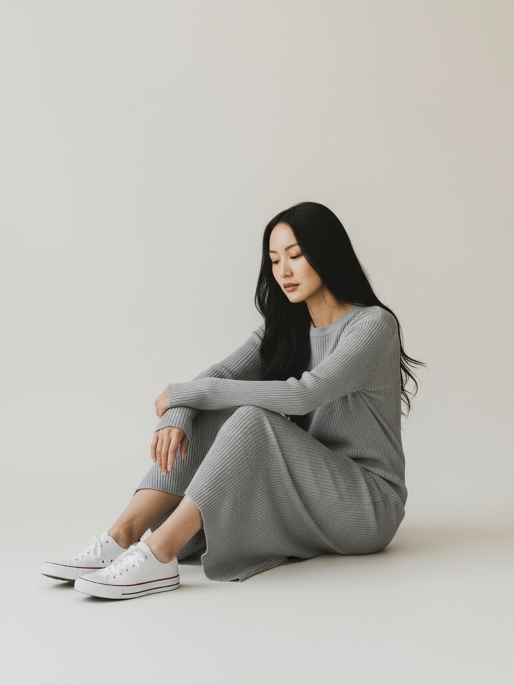 Minimalist Grey Ribbed Knit Thigh Cut Sweater